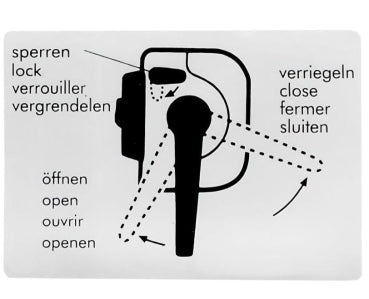 Sticker 'Open / Close / Lock' voor binnenhendel schuifdeur, 100x70mm, 8/67-7/79 – VW T2 Bus