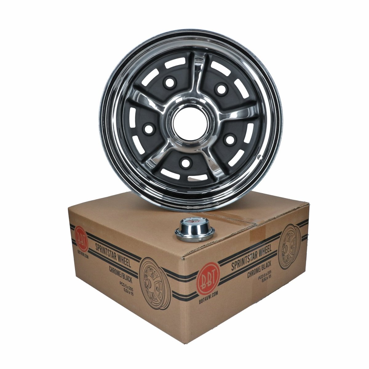 VW Käfer / T2a / Typ 3 | Felge BBT Sprintstar 4,5 x 15 ET 15 5x205, Chrom/Schwarz