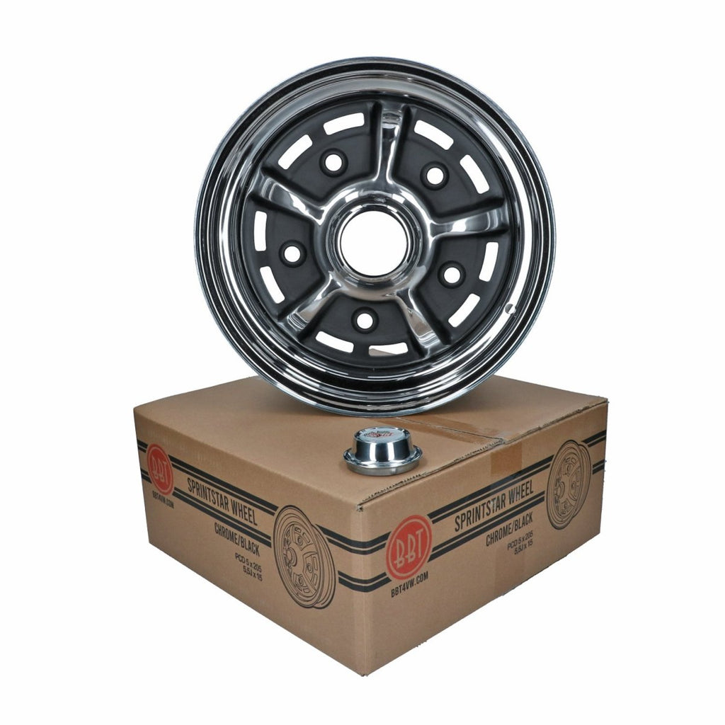 VW Käfer / T2a / Typ 3 | Felge BBT Sprintstar 5,5 x 15 ET 34 5x205, Chrom/Schwarz